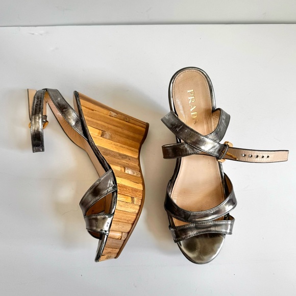 Metallic Silver PRADA Bamboo Wedge - Picture 6 of 10